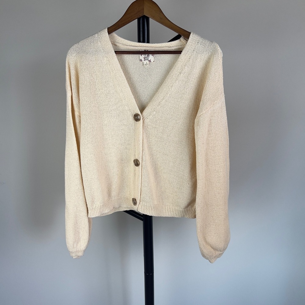 Hippie Rose Ivory Knit Button Front Cardigan Balloon Sleeve Cream Medium